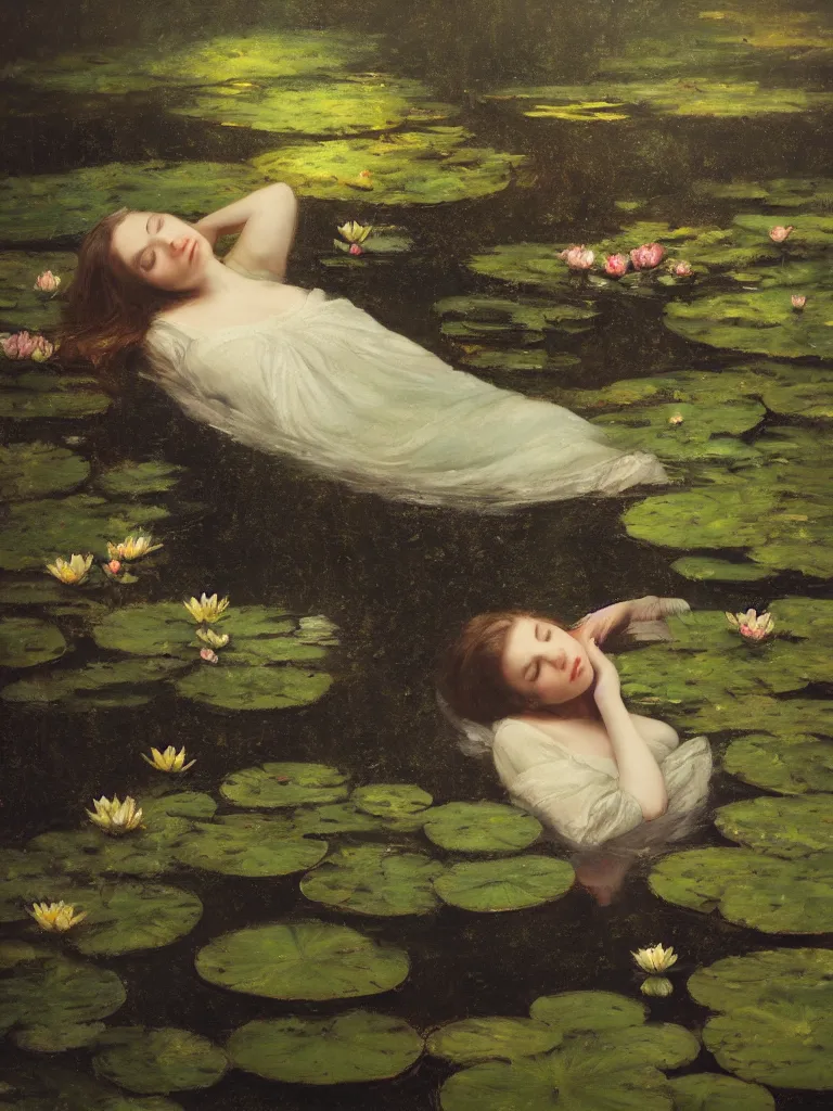 Image similar to detailed cinematic moody colors studio portrait of a victorian young lady sleeping in a victorian pond, water lilies, ofelia inspired high quality by jeremy mann, only one head single portrait