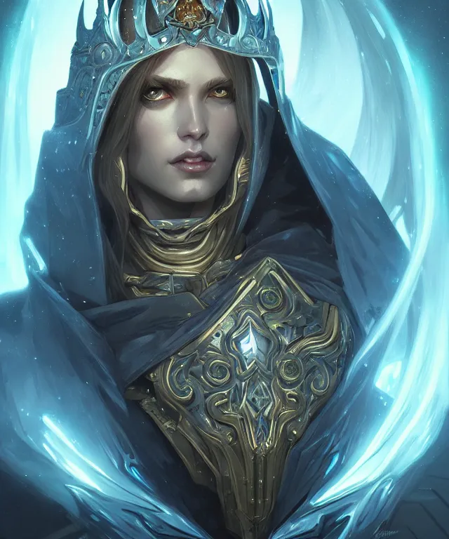 Image similar to futuristic lich king portrait, sci-fi, amber eyes, face, long hair, fantasy, intricate, elegant, highly detailed, digital painting, artstation, concept art, smooth, sharp focus, illustration, art by artgerm and greg rutkowski and alphonse mucha