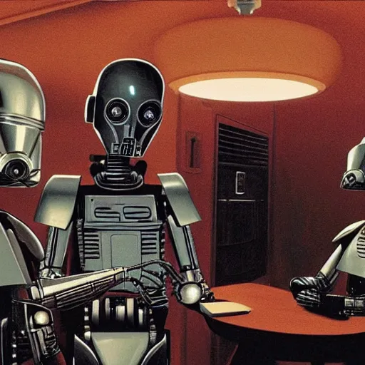 Image similar to ig-88 talking in the cantina, artwork by ralph mcquarrie