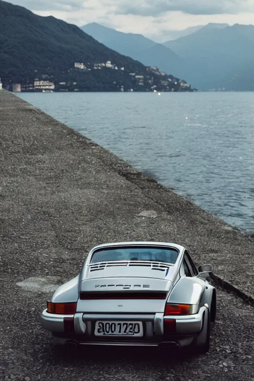 Prompt: Photo of a silver Porsche 911 Carrera 3.2 parked on a dock in Lake Como in the background, daylight, dramatic lighting, award winning, highly detailed, 1980s Versace ad, cinestill 800t, fine art print, best selling.