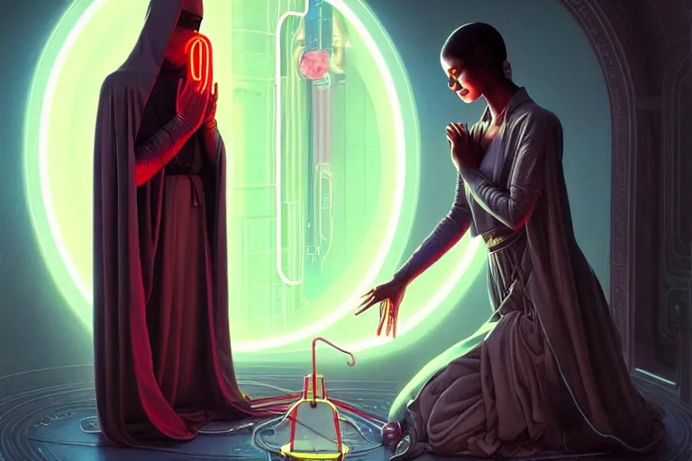 Image similar to patron saint 👩🏾 praying with machine, futuristic long robes clothing, worm hole, neon god of city character portrait, in the style of moebius, wlop, tom bagshaw, and waterhouse, cinematic lighting, beautiful, elegant, oil painting,