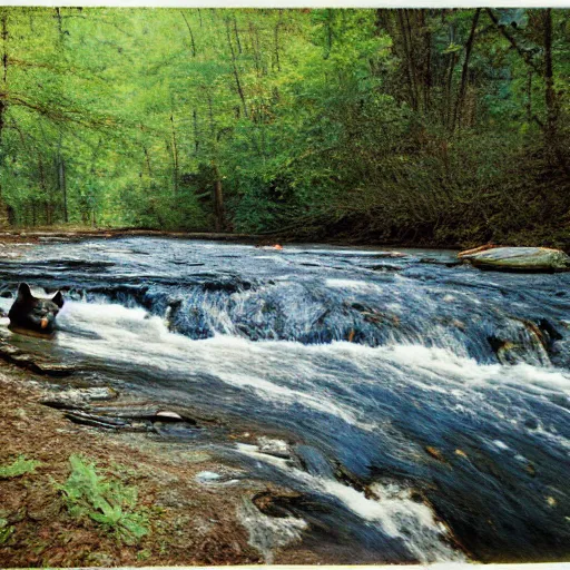 Image similar to cahaba river alabama, raccoon in foreground, kodak ektachrome e 1 0 0,