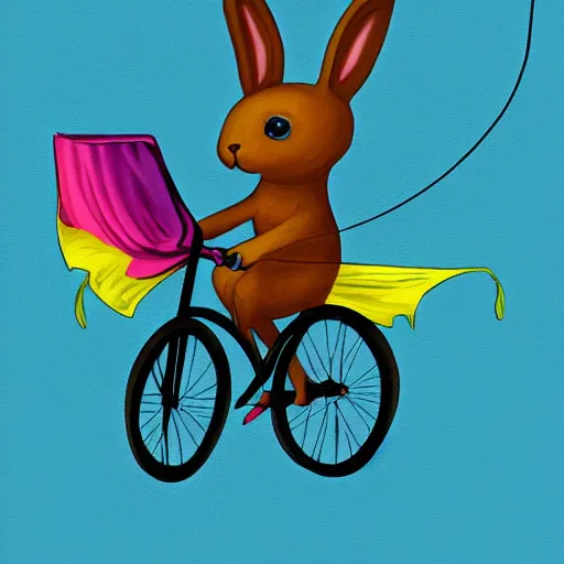 Image similar to a humanoid rabbit riding a bicycle while flying a kite, digital painting