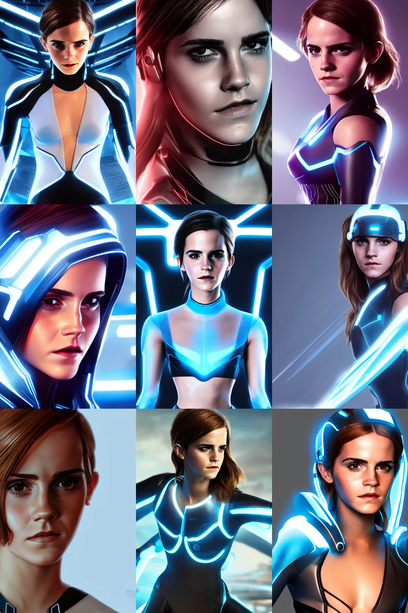 Prompt: closeup shot of emma watson in tron legacy cosplay, concept art, octane render, by artgerm