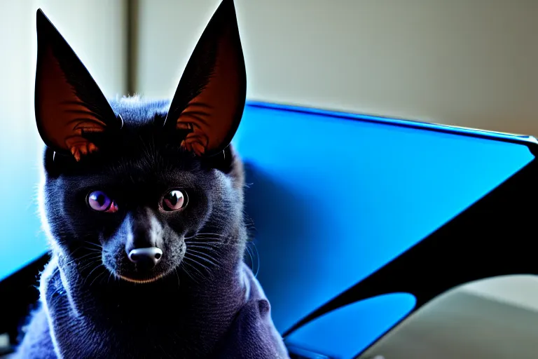 Prompt: a blue - and - black male catbat fursona with blue / green heterochromatic eyes ( differently - colored eyes ) and huge bat ears, photo of the catbat streaming on his computer