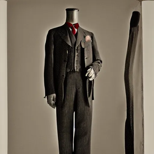 Prompt: stunning photograph of a three piece suit designed by edvard munch. award winning piece of fashion. studio lighting