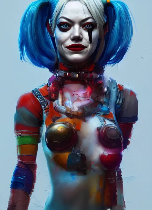 Image similar to biopunk portrait of emma stone as harley quinn, hyper detailed, digital art, trending in artstation, cinematic lighting, studio quality, smooth render, unreal engine 5 rendered, octane rendered, art style by klimt and nixeu and ian sprigger and wlop and krenz cushart.