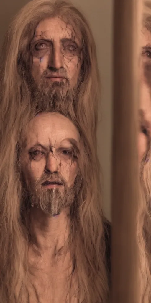 Prompt: cult leader looking in mirror, centered on camera, film still from horror documentary movie, 4k