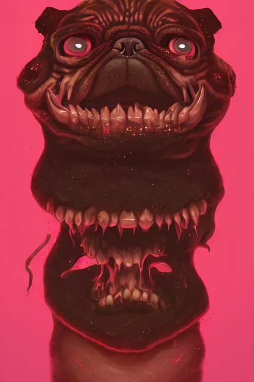 Image similar to demon pug eating flesh. art by mike winkelmann, sticker, illustration, highly detailed, artstation