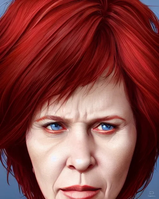 Image similar to portrait of short and plump 5 0 - year - old woman with red hair and, kind face, short hair, hyper realistic face, beautiful eyes, character art, art by mark brooks, hyperdetailed, cryengine, trending on artstation, digital art