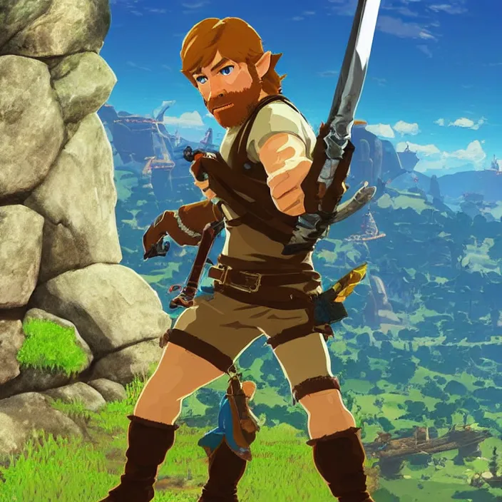 Image similar to Chuck Norris in The Legend of Zelda Breath of the Wild, detailed screenshot