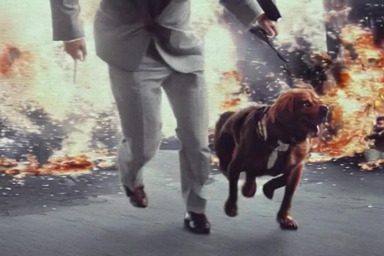 Image similar to cinematography action movie closeup portrait of a Japanese business man carrying his dog running from an explosion in Tokyo by Michael Bay