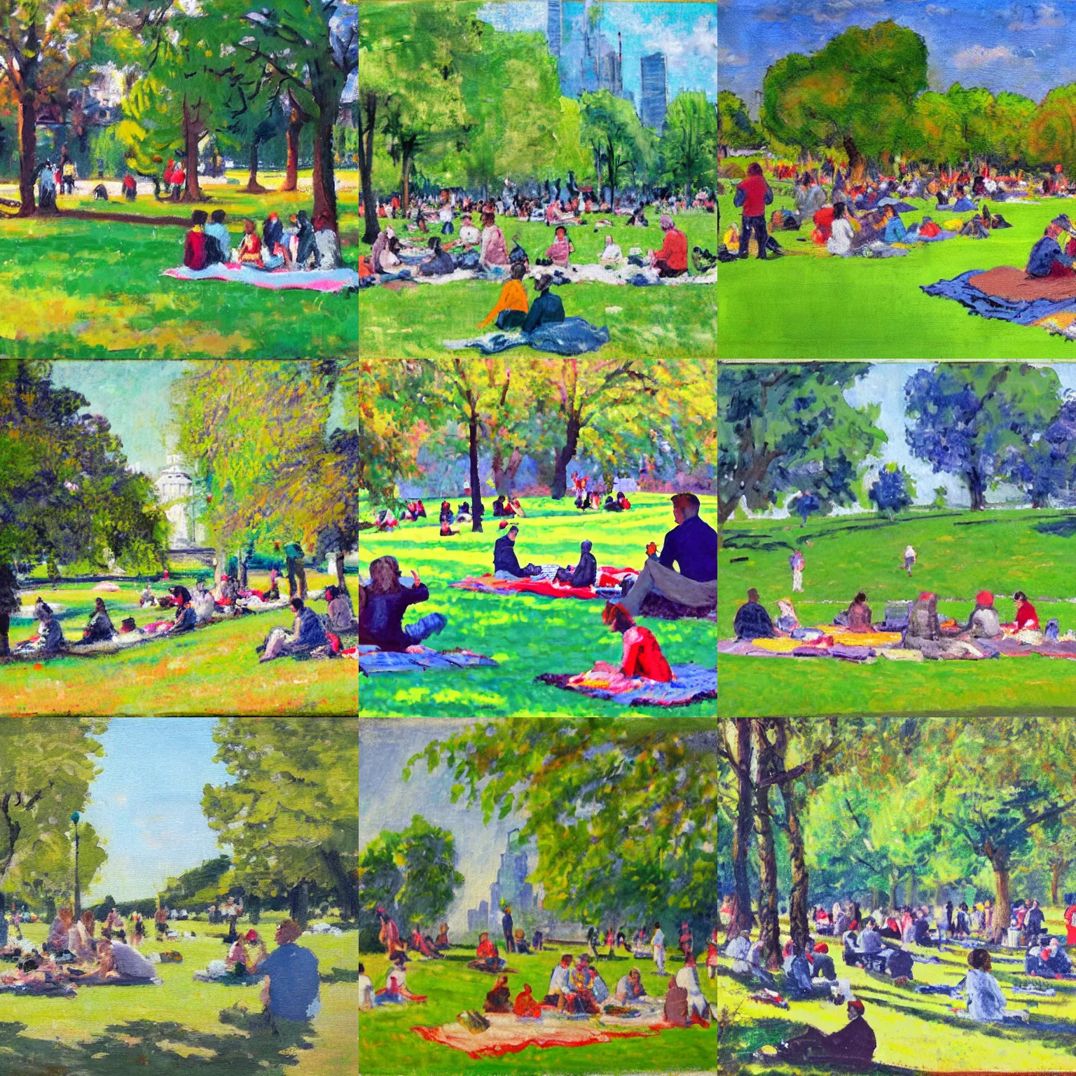 Prompt: people having a picnick in a city park on a clear day, in post - impressionist style