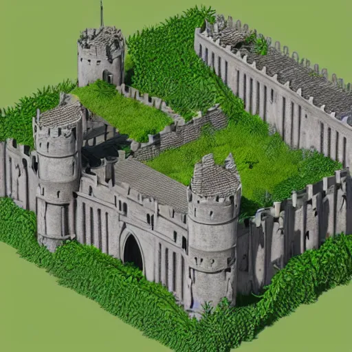 Prompt: medieval castle in a jungle, 3 d, isometric, courtyard, very low poly