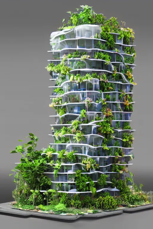 Image similar to 3 d printed physical model organic flowy including more than one city into one vertical building model that sits on a table in a room with a view back, multiple stories, transparent, with vegetation, colorful, eye - level view, 8 0 k, octane render, highly detailed 3 d render,