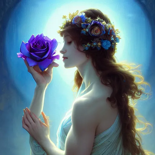 Prompt: perfectly detailed goddess princess of blue roses!! blessed by nature with ever - increasing physical mental perfection, intricate, highly detailed, biblical divine holy perfection!! digital painting, artstation, concept art, smooth, sharp focus, illustration, art by artgerm and greg rutkowski and alphonse mucha