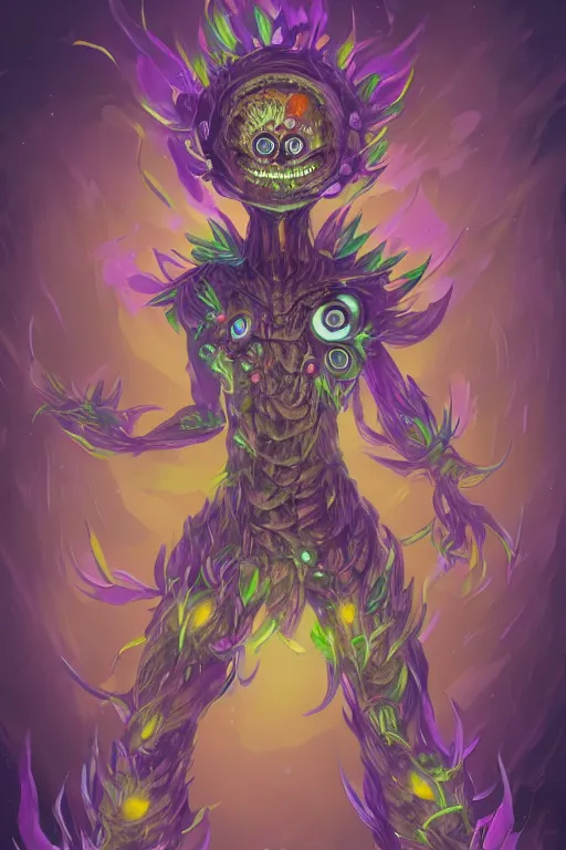 Prompt: a glowing humanoid figure flower monster with large glowing eyes, highly detailed, digital art, sharp focus, trending on art station, plant, anime art style