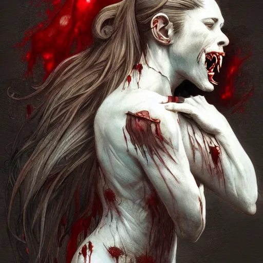 Prompt: Dark Fantasy Painting of a werewolf with blood dripping from its mouth, creepy, unsettling, horror, upper body, intricate, wild, highly detailed, digital painting, artstation, concept art, smooth, sharp focus, illustration, art by artgerm and greg rutkowski and alphonse mucha