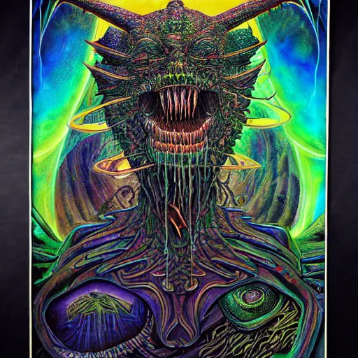 Prompt: marduk, devourer of worlds, detailed airbrush ink art in dark and muted colors art by moebius on dmt and shrooms