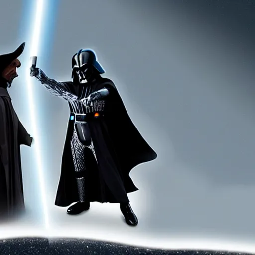 Image similar to gandalf vs darth vader, dramatic lighting,