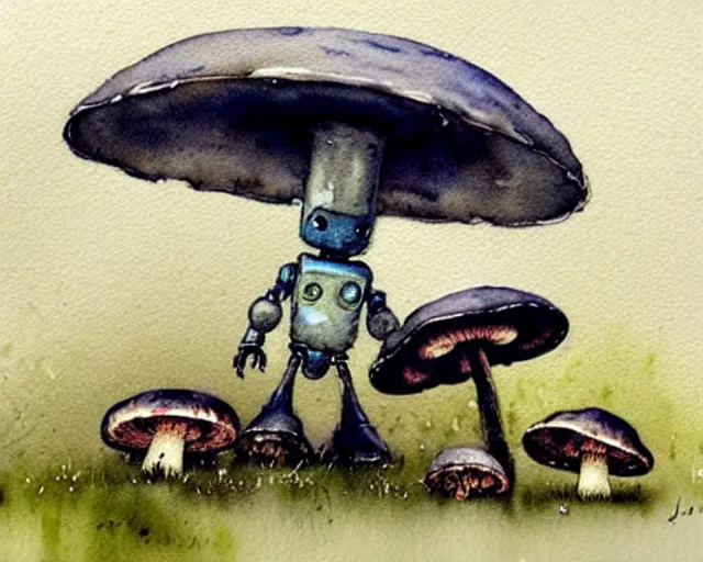 Image similar to a cute little robot sitting on the ground under mushrooms, hiding from the rain. gray sky, rain clouds, heavy rain. watercolor painting by jean - baptiste monge, muted colors