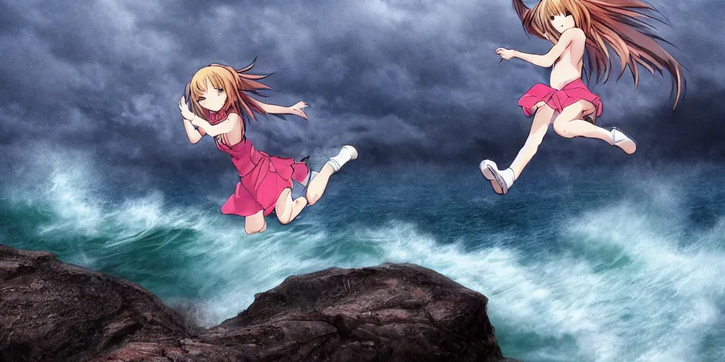 Prompt: anime catgirl jumping through a precipice on the coast up high, waves shattering on the rock, dramatic atmosphere, gloomy rainy weather, cinematic