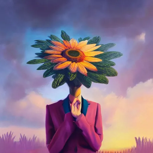 Prompt: giant daisy flower head, portrait, a girl in a suit, surreal photography, sunrise, dramatic light, impressionist painting, digital painting, artstation, simon stalenhag