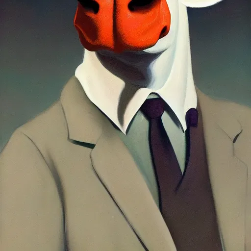 Image similar to Portrait of mr. Cow wearing a business suit , very coherent, painted by Edward Hopper, Wayne Barlowe, painted by James Gilleard, airbrush, art by JamesJean