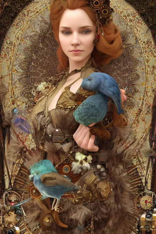 Prompt: zoom in 3 d render of english princess holding birds, ornaments, steampunk, mucha vibe, dieselpunk, solarpunk, artstation, andrei riabovitchev