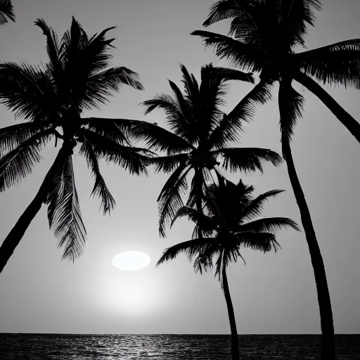 Prompt: a photo of a sea with a moon, two palm trees in front and a staircase. black and white. at night.