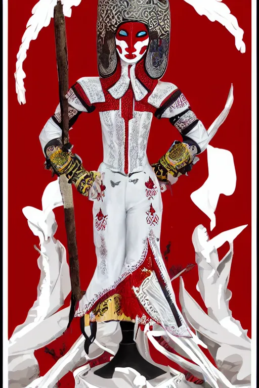 Image similar to female adventurer in tight full - body white embroidered leather armor of ukrainian vyshyvanka design with red accents and a red porcelain crow mask, trending in artstation, ukrainian, artstation, big moon in the background, establishing shot