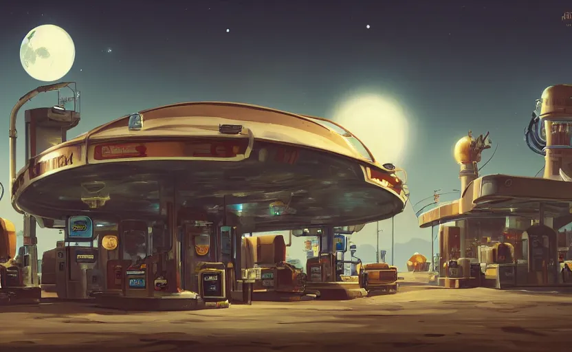 Image similar to gas station in space, 8 k, steampunk, hard edges, zoomed in, very coherent, sharp focus, rim light, exquisite lighting, hard edges, sci - fi, print, cinematic, game art, soft painting, trending on artstation