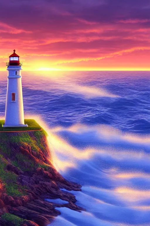 Prompt: highly detailed lighthouse with heavy waves at sunset, global illumination, god rays, detailed and intricate environment, 8 k