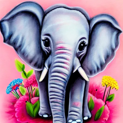 Prompt: whimsical portrait of cute baby elephant with flowers and pastel colors detailed painting 4k