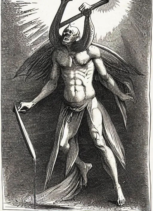 Image similar to illustration of shane madej as a demon from the dictionarre infernal, etching by louis le breton, 1 8 6 9, 1 2 0 0 dpi scan, ultrasharp detail, clean scan