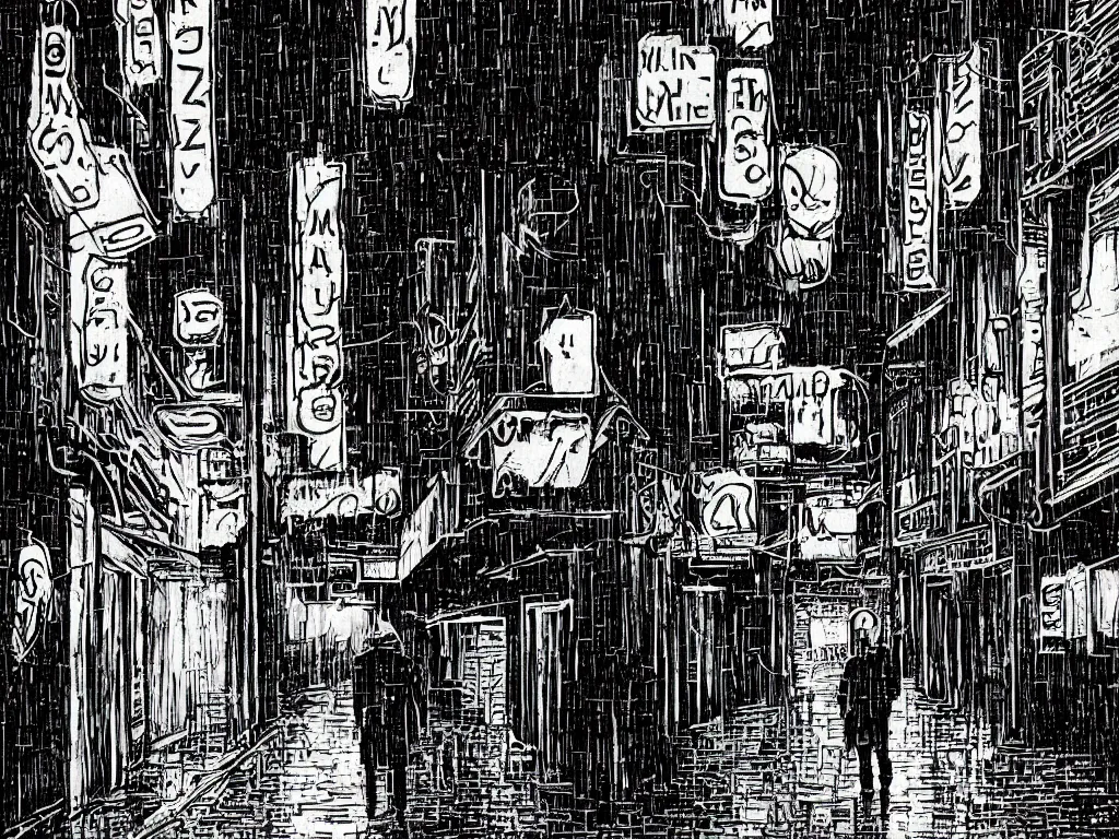 Image similar to Dim alleyway on a rainy night, lit by distant neon signs. A lone man leans against the wall. Bande dessinée art.