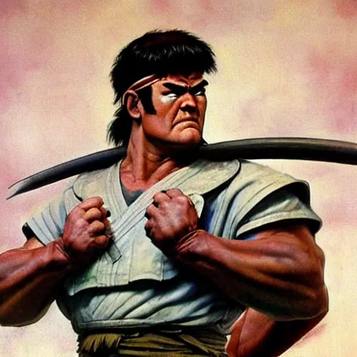 Image similar to ultra realistic david koechner as ryu from street fighter, painting by frank frazetta, 4 k, ultra realistic, highly detailed,