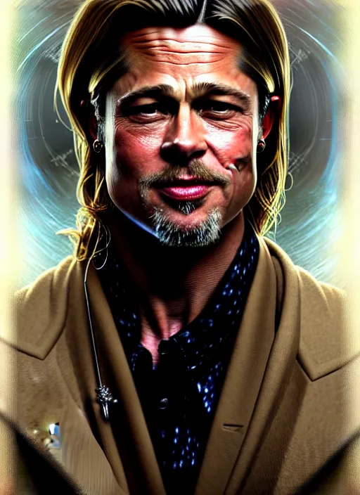 Prompt: portrait of brad pitt, volumetric lights, feast, music notes, art nouveau botanicals, gothic, intricate, highly detailed, digital painting, artstation, concept art, smooth, sharp focus, symmetric face, illustration, steampunk, art by artgerm and greg rutkowski and alphonse mucha