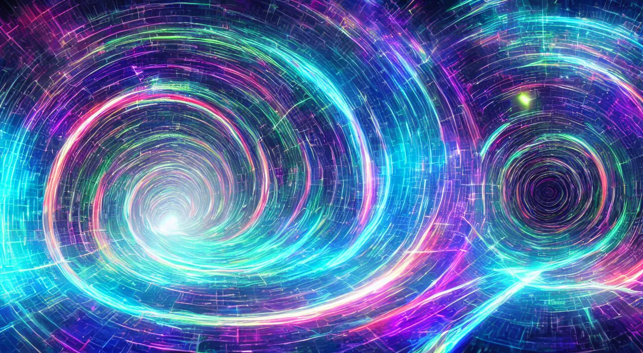 Image similar to Infinite colorful portals to alternate dimensions open before him and ripple through space time, photo realistic, dramatic lighting, windy, UHD 8K