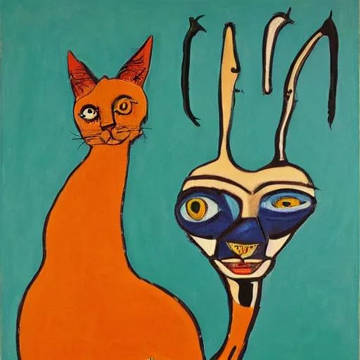 Prompt: a painting of cute caracal from futurama by graham sutherland, egon schiele, gustav klimt, joan miro, basquiat, expressionism