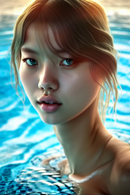 Prompt: beautiful half body digital painting of lalisa, face emerging from pool of water with high detail, 8 k, stunning detail, photo by artgerm, greg rutkowski and alphonse mucha, unreal engine 5, 4 k uhd