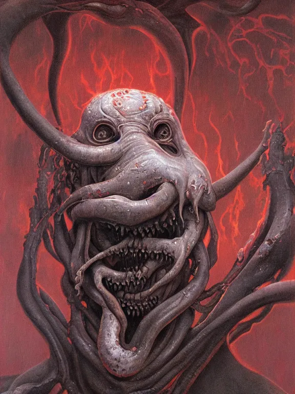 Image similar to wayne barlowe painting of a flying sorrowful looking severed human head, floating head with tears running down it's eyes, face that is chalk white in color, with long white tentacles stemming from it's neck, fiery scorching red eyes, background sprawling terrifying hellish cave with lava flowing through it's walls, 4 k