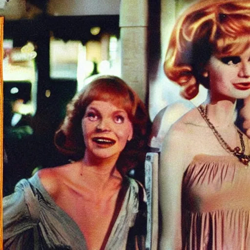 Image similar to 1981 color archival photo of a glamorous woman in a dress, and her friend, Casper the Friendly Ghost, in a sidewalk cafe, 16mm film soft color, earth tones and soft color 1981, live-action archival footage, in style of doris wishman russ meyer, woman looks like young mia farrow