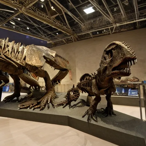 Image similar to The fossilized remains of the Dinobots in a natural history museum