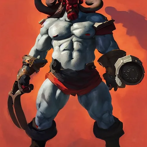 Image similar to greg manchess portrait painting of the hellboy as overwatch character, medium shot, asymmetrical, profile picture, organic painting, sunny day, matte painting, bold shapes, hard edges, street art, trending on artstation, by huang guangjian and gil elvgren and sachin teng