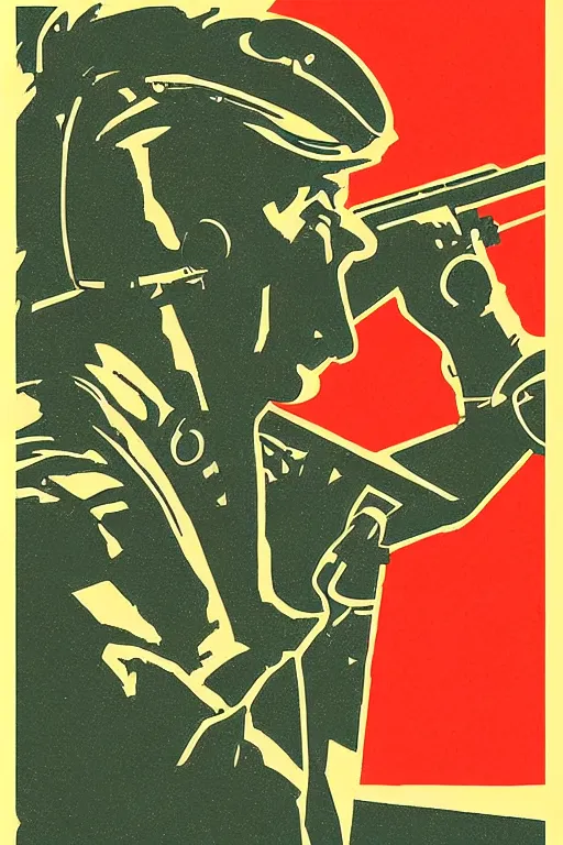 Prompt: “A metal detectorist in a Soviet propaganda poster, in the style of Dmitry Moor”