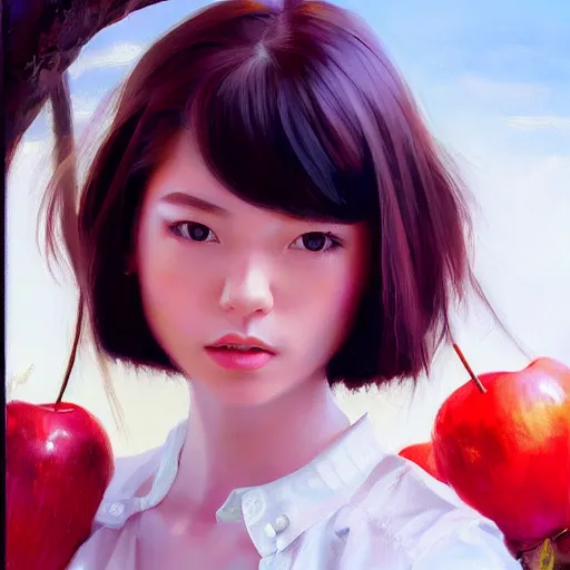 Prompt: oil painting by ilya kuvshinov,, baugh casey, rhads, coby whitmore, of a youthful japanese beauty, long hair, holding candied apple, outdoors, highly detailed, breathtaking face, studio photography, dawn, intense subsurface scattering, blush, supple look, innocence, intense sunlight