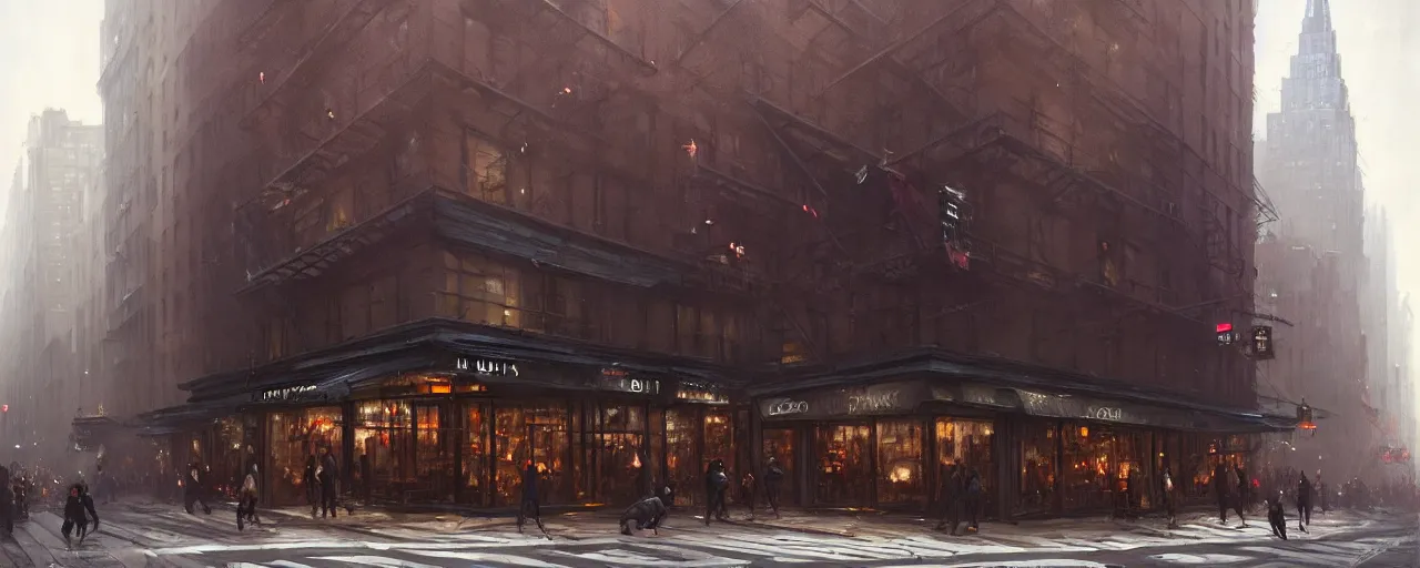 Image similar to building facade. storefronts. city block. new york. greg rutkowski