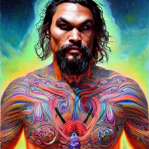 Image similar to portrait of jason momoa, hyper detailed masterpiece, neon floral pattern, jean giraud, digital art painting, darkwave goth aesthetic, psychedelic, artgerm, donato giancola and tom bagshaw