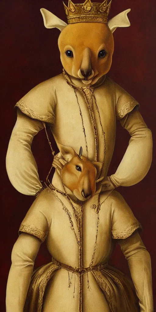 Image similar to anthropomorphic kangaroo in renaissance outfit and crown, painting, canvas, art by eldarzakirov, smooth, sharp focus